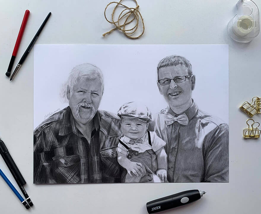 black and white drawing of family
