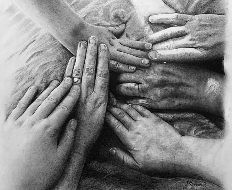 artist drawing of family hands
