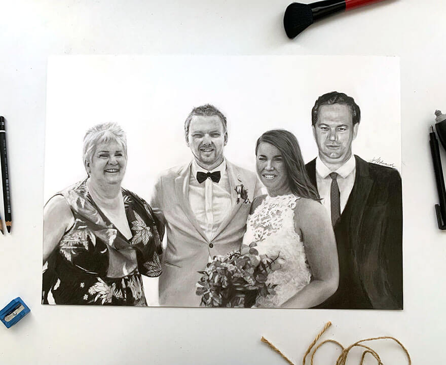 portrait drawing of family wedding